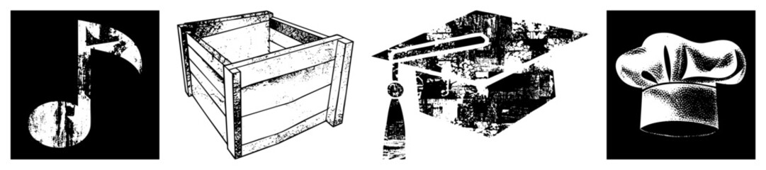 Obraz premium Distressed musical symbol, rustic crate, academic mortarboard, culinary toque stylized for design, branding, or UI with halftone texture.