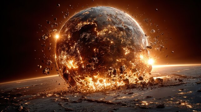 Fiery Planet Collision Explosion in Space