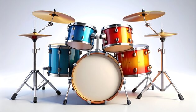 Professional Drum Kit with Cymbals and Stands on White Background.