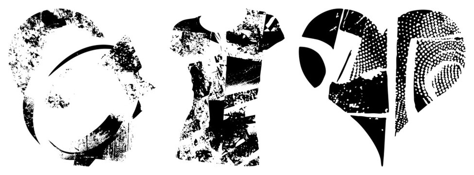 Rugged graphic elements featuring torn edges, ink splatter effects, halftone dots, and fragmented silhouettes for edgy design projects or urban art collages.