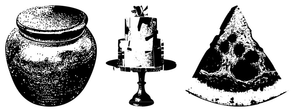 Stylized food rendered in halftone dot includes canister, tiered dessert, and triangular pie slice graphic elements for menus or packaging design.