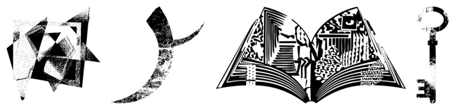 Stylized glyphs including polyhedral shapes, moon, illustrated book, and vintage key ideal for branding, design, or symbolic.