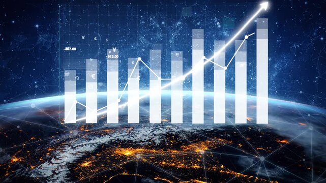 This image features a stunning visualization of economic growth over Earth, showcasing data connections and business metrics in a futuristic design. Copula
