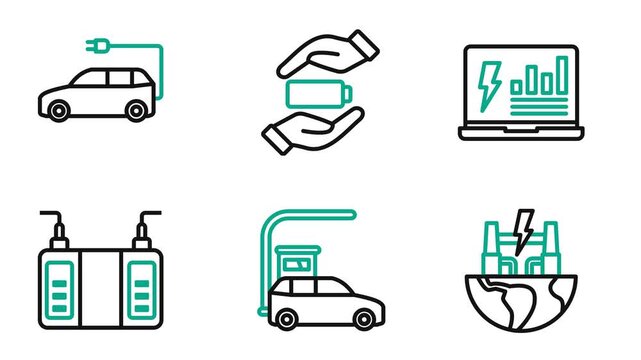 Green Technology 2D Outline Icon Animation Cartoon 4K Video. Motion Graphic. Contain electric vehicle, efficiency, energy monitoring, charging. Editable On Transparent Background Alpha Channel.
