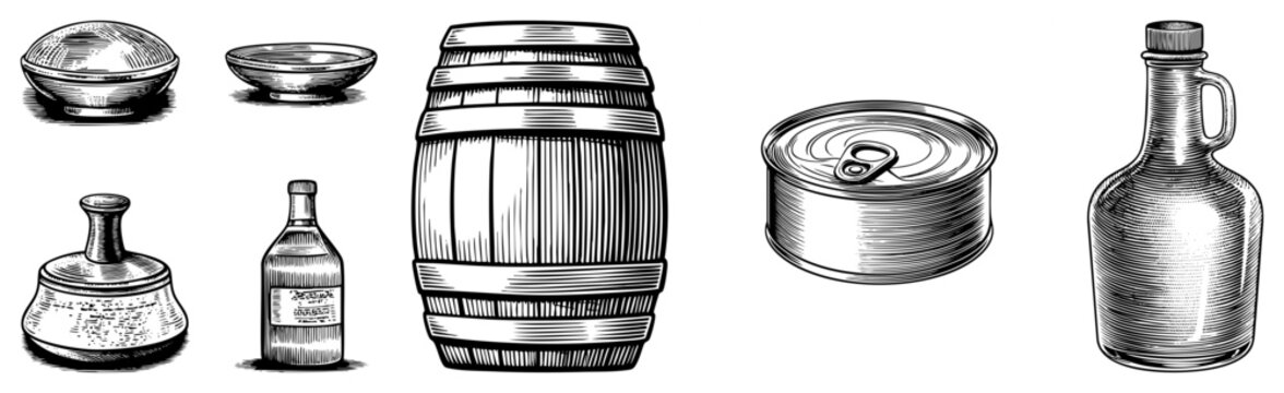 Retro etched vessels for preserving goods, vintage storage jars, antique pantry containers, hand drawn kitchenware, engraved food canisters, rustic utilitarian crockery.