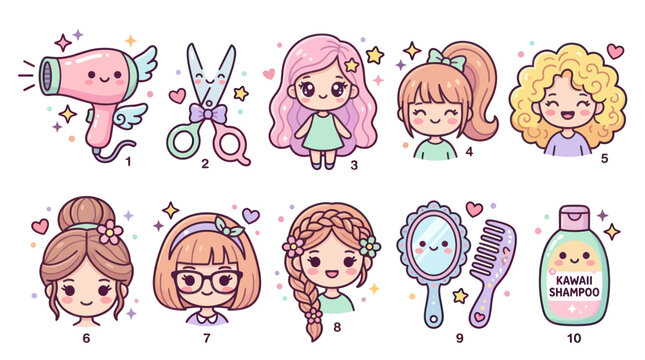 Kawaii Cute Hair Salon Icons: Dryer, Scissors, Girls, Mirror, Comb, Shampoo