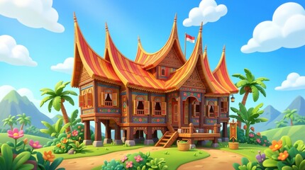 Fototapeta premium Vibrant Traditional House Surrounded by Lush Green Landscape