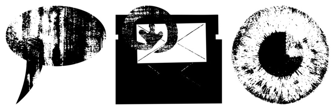 Distressed vector comms symbols (chat bubble, mail, eyeball) for digital messaging, notifications, or surveillance. Alt names grunge, halftone glyphs.