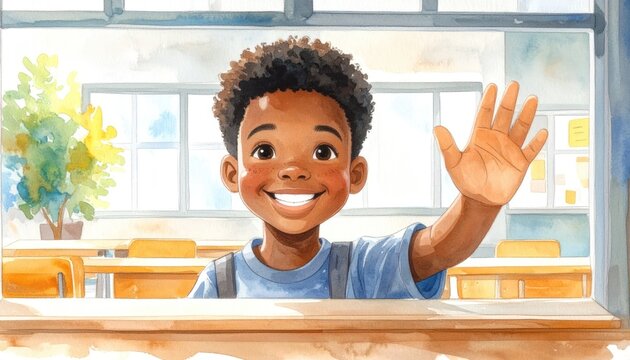 Happy Young Boy Waving Hello from Classroom.