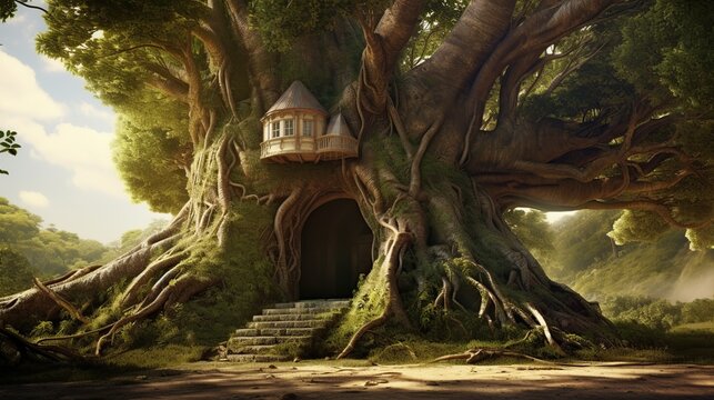 Ancient colossal tree with a hidden door and a cozy treehouse perched among sprawling roots and branches