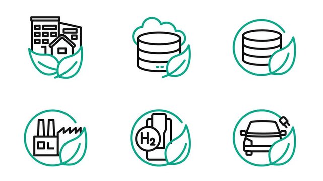Green Technology 2D Outline Icon Animation Cartoon 4K Video. Motion Graphic. Contain green building, cloud server, eco server, green factory. Editable On Transparent Background Alpha Channel.

