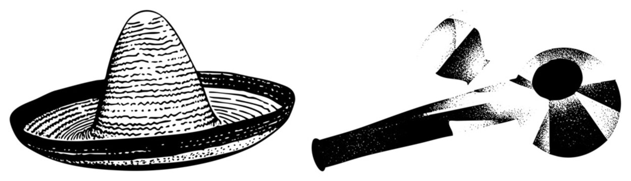 wide brimmed sombrero paired with maraca shaker, festive Mexican hat and percussion instrument, cultural celebration gear, folkloric ensemble.