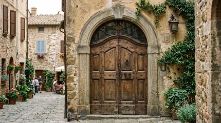 Fototapeta premium Arched wooden doorway on rustic cobblestone village lane