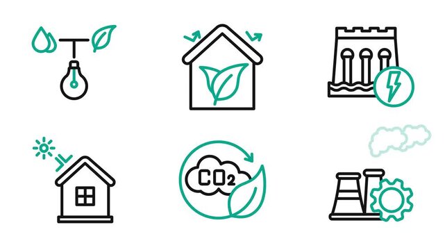 Green Technology 2D Outline Icon Animation Cartoon 4K Video. Motion Graphic. Contain green power, green house, hydro power, insulation, net zero. Editable On Transparent Background Alpha Channel.