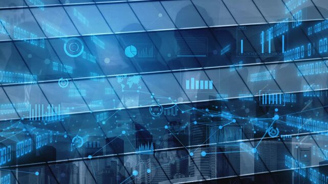 A visually striking abstract digital background featuring graphs and data visualization over a sleek glass building facade, representing modern technology and finance development. Xenic