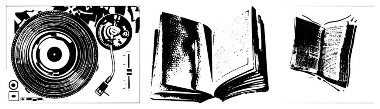 Record player illustration with stylus, spinning platter, plus open book graphics also known as phonograph or reading material symbol.