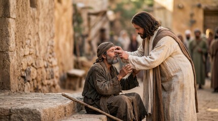 Obraz premium Healing Scene of a Blind Man Receiving Help from a Kind Figure