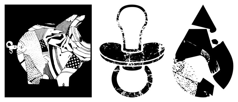 Grunge style nipple shield symbol, dummy teat graphic, stylized binky illustration for UI design or infant care branding, halftone cutout.