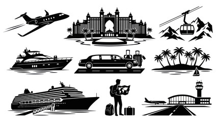 Obraz premium Travel Icons: Black White Silhouettes of Luxury Transport and Destinations