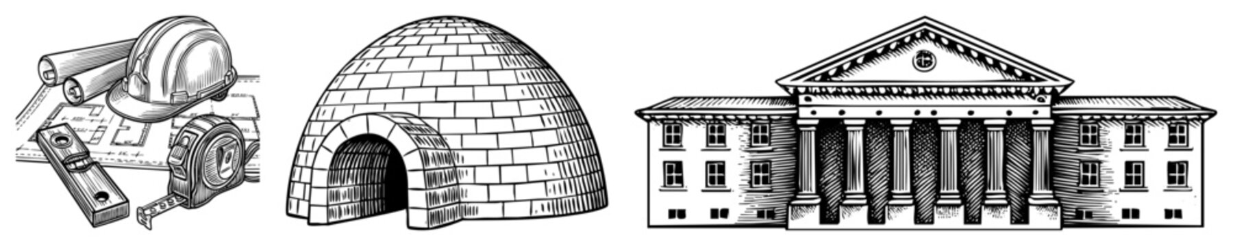 Technical drawing equipment with hardhat, igloo style dome construction, neoclassical bank facade blueprint tools, architectural sketch, engineering drafting set.