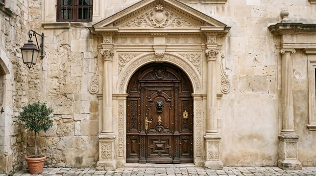 Historic stone facade framing ornate wooden door entrance