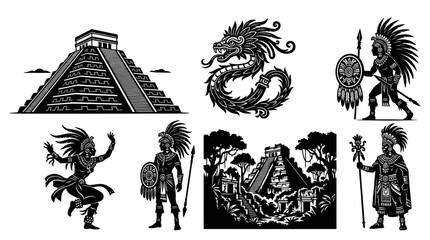 Obraz premium Mesoamerican Culture Black White Vector Art Set: Ancient Pyramids, Warriors, and Quetzalcoatl Symbols