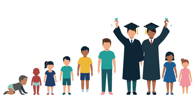 Growth stages of human life from baby to adulthood featuring graduation achievement.