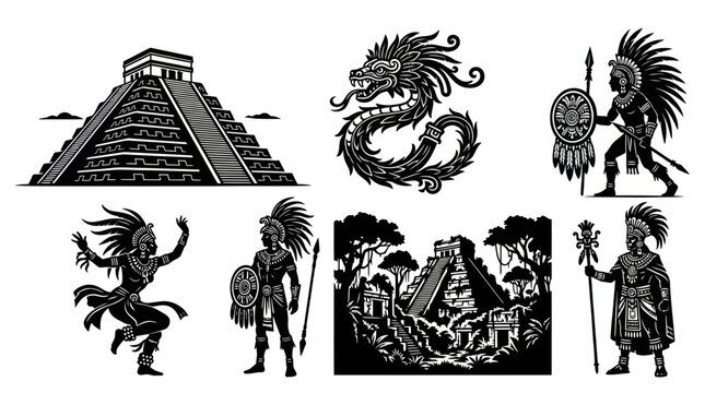 Mesoamerican Culture Black  White Vector Art Set: Ancient Pyramids, Warriors, and Quetzalcoatl Symbols