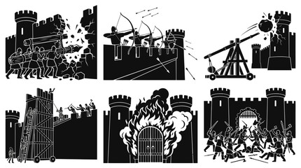 Obraz premium Medieval Castle Siege Weapons and Attack Stages Black White Silhouette Art