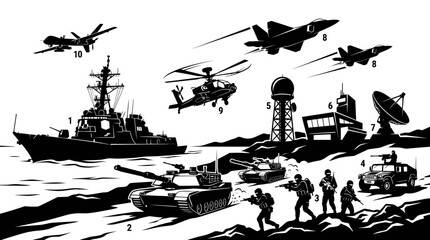 Obraz premium Military Combat Scene Black and White Vector Art of War Machines