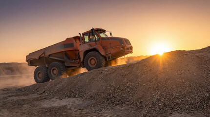 Fototapeta premium Powerful Dump Truck Ascending Gravel Ridge at Sunrise with Dramatic Light and Rugged Earthmoving Appeal
