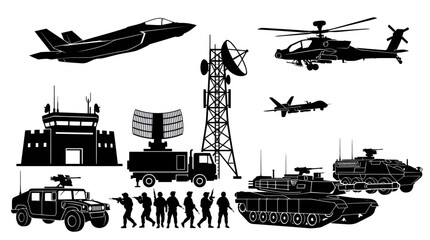 Obraz premium Military Equipment Silhouette: Fighter Jet, Helicopter, Tank, Humvee, Radar, Tower