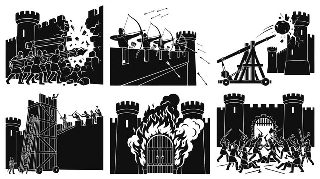 Medieval Castle Siege Weapons and Attack Stages Black  White Silhouette Art