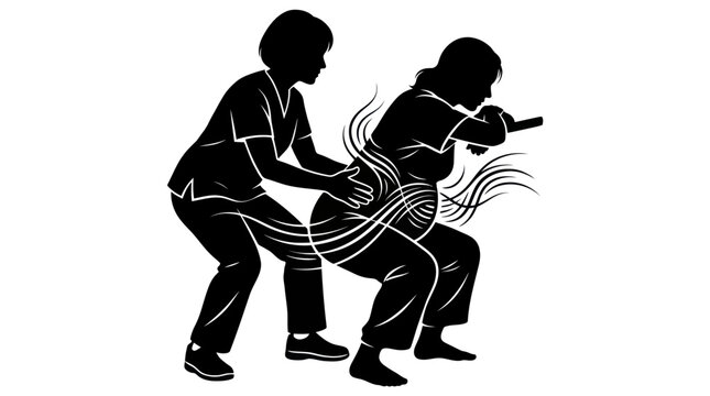 Medical Black  White Silhouette: Nurse Supporting Pregnant Woman During Therapy Exercise