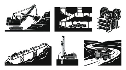 Obraz premium Mining Industry Equipment and Operations Black and White Glyph Icons Set