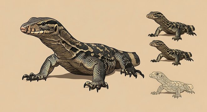 Monitor lizard illustration set with detailed scales and line art