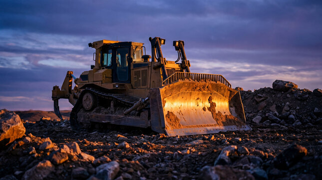 Heavy Duty Dozer with Ripper Attachment at Twilight Glowing Blade in Last Amber Light