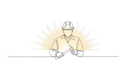 Obraz premium Man wearing hard hat holding tool.