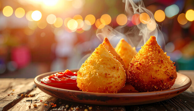 Fresh fried coxinha on plate with sauce and warm lights