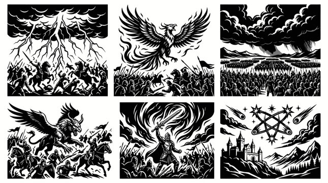Epic Fantasy Battle Scenes, Knights, Mythical Creatures, Castle, Storms - BW Vector Art