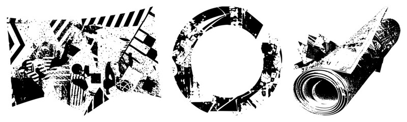 Obraz premium Rugged graphic design assets featuring splatter effects, fragmented forms, and industrial motifs ideal for edgy branding or urban art projects.