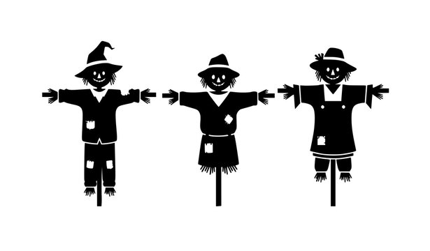 Scarecrow silhouettes set with three harvest season characters standing in rural field isolated vector
