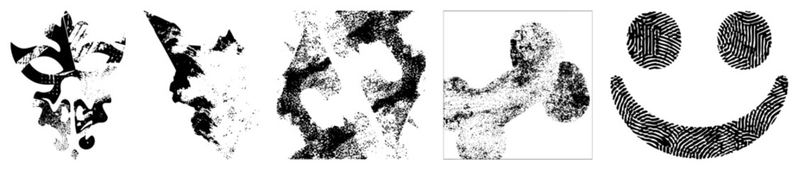 Obraz premium Pixelated vector cutouts featuring fingerprint, stylized, and halftone effects ideal for graphic design or UI elements. stippled, dot matrix glyphs.