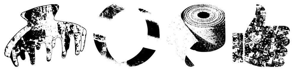 Obraz premium Distressed halftone graphic elements including hair claw, circular segment, adhesive tape roll, and approval gesture ideal for urban streetwear or punk themed designs.