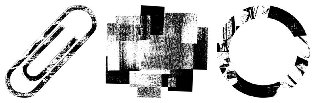 Distressed office clip, digital artifact square, fragmented circular frame stylized graphic elements for design, scrapbook, or UI assets using gritty texture.
