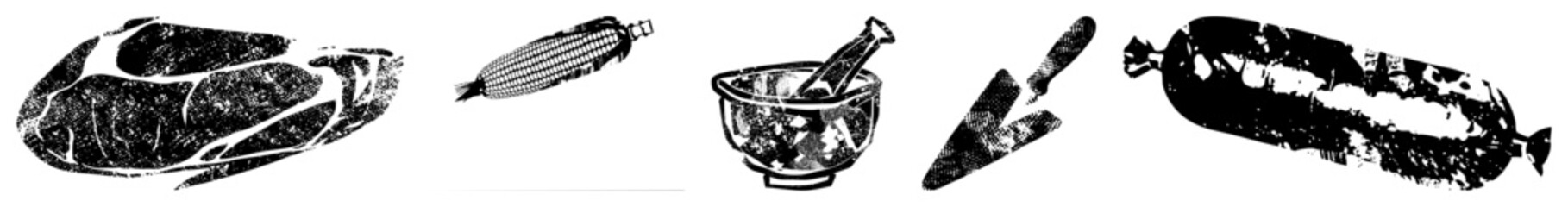 Obraz premium food prep symbols including butcher cut, maize cob, grinding bowl, kitchen blade, and cured meat ideal for menus, packaging or culinary design.
