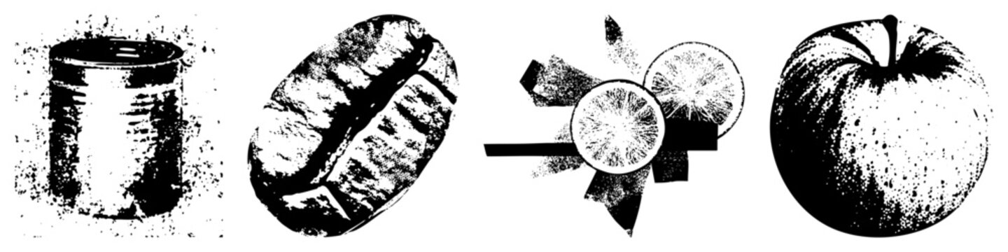 Black and white halftone illustrations of pantry staples and fresh produce canned item, sourdough loaf, lemon slices, fruit. Graphic food symbols for design or packaging.