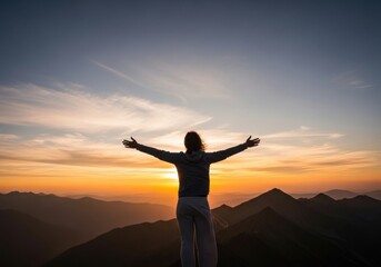 Fototapeta premium Silhouette of a Woman Standing on a Mountain Top with Arms Outstretched at Sunset; Concept for Freedom, Achievement, Success, Inspiration, and Personal Growth.