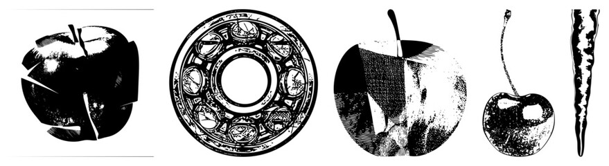 Obraz premium Black and white stylized fruit graphics, halftone and cherry designs, vector cutouts for print or digital use, isolated illustrations.