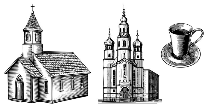 Gothic and Baroque sketches, ecclesiastical architecture drawings, religious building art, sacred structure engravings, vintage church vector cutouts.